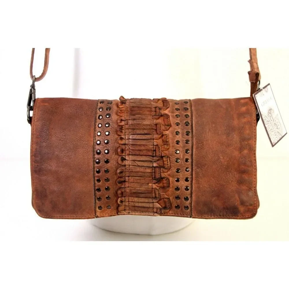 NWT $179 CIVICO 9 COGNAC BROWN GENUINE LEATHER X-BODY SHOULDER BAG HANDBAG PURSE